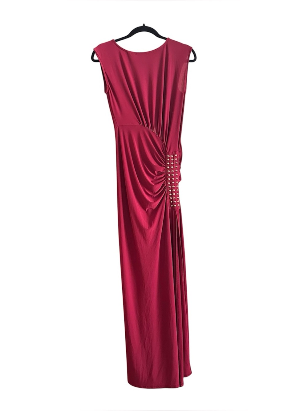 Maroon Wine Sleeveless Ruched Maxi Dress with Studded Detail
